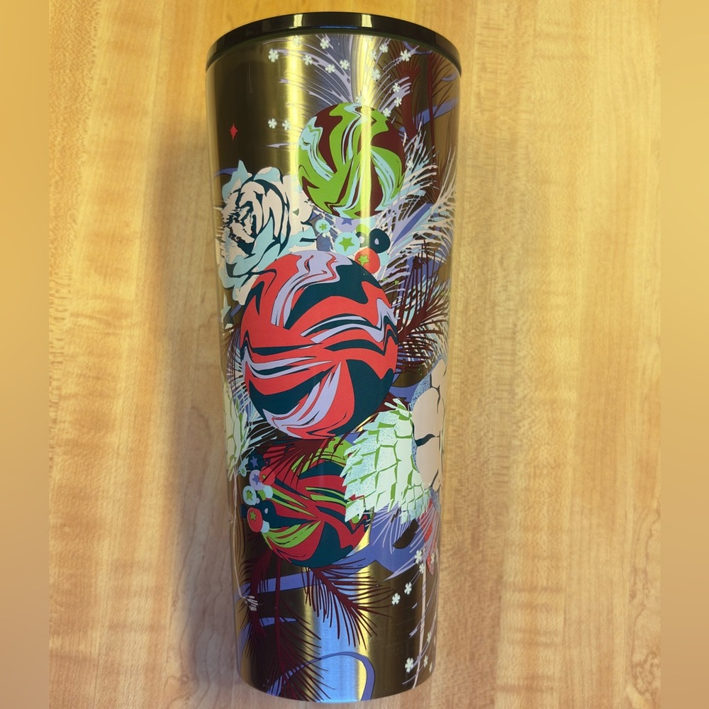 Starbucks Silver Festive Stars Ornaments Floral Stainless Steel Tumbler